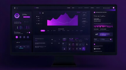 A modern data analytics dashboard with purple hues, displaying graphs and metrics.