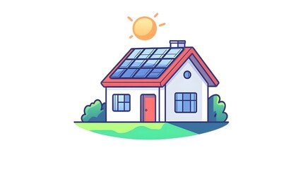 Fototapeta premium Vector logo of a house with solar panels on the roof, a sun above it, simple shapes, white background