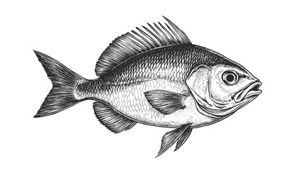 Obraz premium Fish sketch dorado gilt-head bream. Vintage retro print, black white gilt-head bream fish sketch ink pencil style drawing, linear drawing, engrave old school. Sketch artwork dorado fish. Illustration