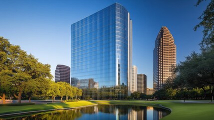 Obraz premium modern skyscrapers reflecting in a serene pond