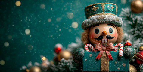 Christmas nutcracker figurine and gift box on green background.