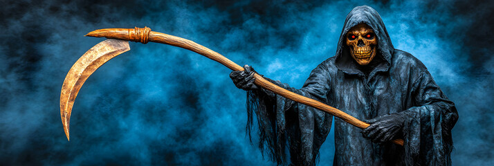 Grim Reaper with Scythe, A Dark Fantasy Illustration Against a Blue Smoky Background