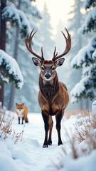 fairytale wild animals in winter, deer, red fox, snowy owl, pine forest, snowfall, soft fog, untouched nature, majestic wildlife, cartoon, poster, wallpaper, postcard, illustration , painted