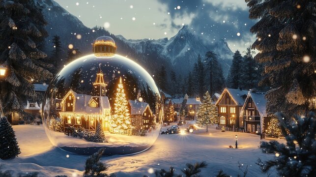 Magical Christmas Village Encased in a Giant Ornament, nestled in a Snowy Mountain Landscape