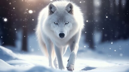 Fototapeta premium The serene beauty of a lone wolf amidst winter snowfall.