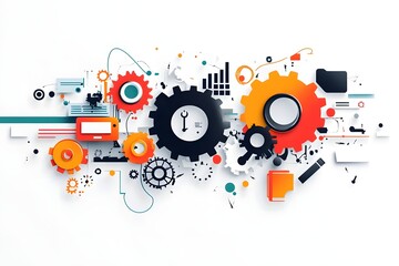 Obraz premium A colorful graphic depicting gears and tools, symbolizing technology and industry.