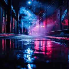 Obraz premium mysterious alleyway at night with neon lights and reflections
