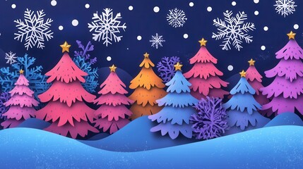 Fototapeta premium A Festive Winter Wonderland Papercut Christmas Tree Scene with Falling Snowflakes