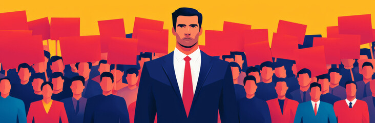 Empowered leader stands before passionate crowd with protest signs