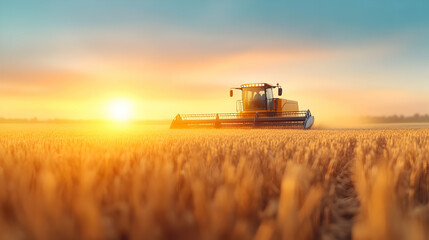 With the sun overhead, a red combine harvester harvests soybeans. In the fall, the farm works in the field.