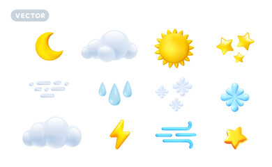 Vector forecast weather illustration of shine icon set with sun, cloud, crescent moon, star, wind symbol, rain drop, snowflake and lightning strike. 3d cartoon style weather element design