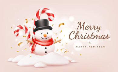 Vector christmas illustration of snowman  in snow with candy cane on light background with text Merry Christmas. 3d cartoon style winter holiday design of snowman and candy cane with golden confetti