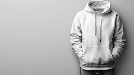 Blank white hoodie mockup on grey background.