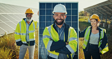 Happy people, portrait and technician with team for solar panel, alternative power or photovoltaic system in nature. Group, engineer or leadership with smile for renewable energy or PV development © peopleimages.com