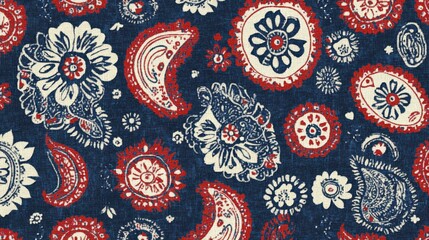 Floral and paisley patterned fabric in red, white, and blue on a dark background.