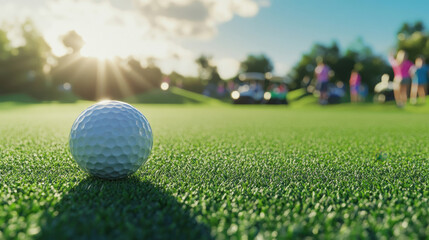 Naklejka premium Golf ball poised on green grass for the perfect putt on a sunny day with blurred golfers in colorful clothes