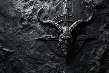 Naklejka premium Demonic Horned Creature Head Mounted on Dark Stone Wall, Gothic Metal Sculpture with Pentagram Symbol, Monochromatic Horror Art in Black and Gray