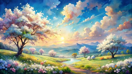Fototapeta premium Serene Springtime Landscape Blooming Trees, Gentle River, and Majestic Mountains at Sunset