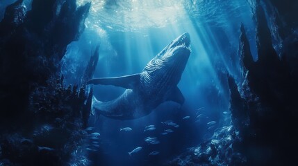 Fototapeta premium A breathtaking underwater scene of a ferocious megalodon attacking a shoal of fish, set in deep blue ocean waters with sunlight streaming through, emphasizing the size and power of the predator