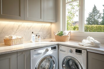 A contemporary laundry room with a washing machine and a countertop. Generative Ai