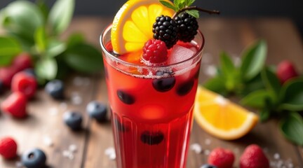 A refreshing berry cocktail with ice, garnished with orange slices, raspberries, and blueberries, set on a rustic wooden table