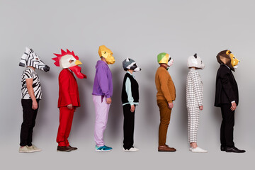 Full body profile portrait of zebra gorilla raccoon lion panda sloth rooster mask people isolated...