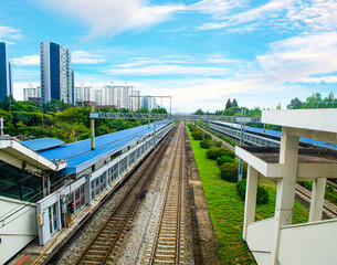Obraz premium Views of a train stopped at the hwasong station , Korea. Lovely scene during a cloudy day.