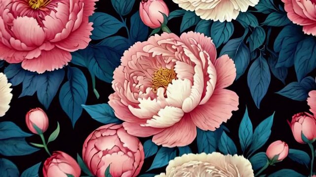 Illustration beautiful floral pattern pink white peonies blue Peony flower and hand-drawn, 4k Wallpaper Background Animation Video