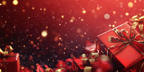 Luxurious red and gold Christmas background featuring wrapped gifts, elegant ribbons, and glowing bokeh lights. Ideal for festive holiday designs and seasonal greetings with copy space.

