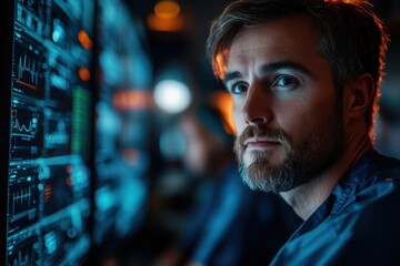 Focused it engineer working in a dimly lit server room at night, analyzing real-time data on multiple screens to maintain network efficiency and cybersecurity