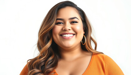 Naklejka premium Beautiful plus size model is smiling on a white background, masterpiece