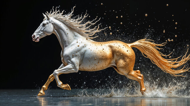 Caballo blanco y dorado galopando con salpicaduras de agua