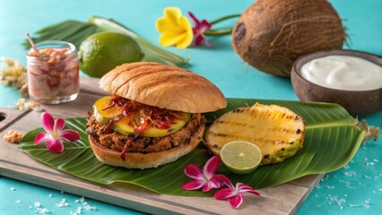Hawaiian Pulled Pork Sandwich with Pineapple and Coconut on Tropical Decorated Table