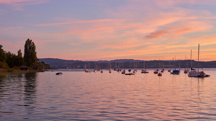 Bodensee Lake Sunrise Panorama. Morning Sunlight Over Tranquil Waters.