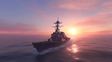 Obraz premium Majestic Warship at Sunset Ocean Vessel Naval Ship Military Sea Power
