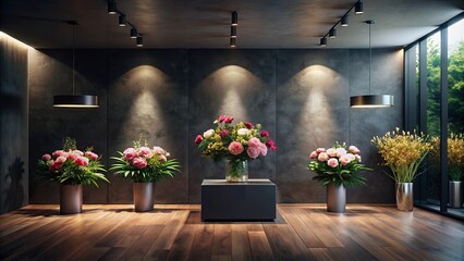 Elegant floral arrangement in modern interior design with dark walls and hardwood floors