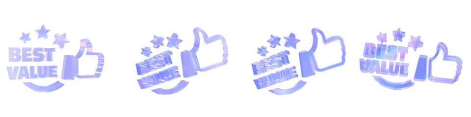 Set of 4 3d glass best value shape with aberration effect isolated on a transparent background. Blue tone. 3d transparent elements for graphic design.