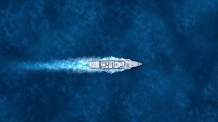 Aerial View of Warship Sailing on Dark Blue Ocean Water