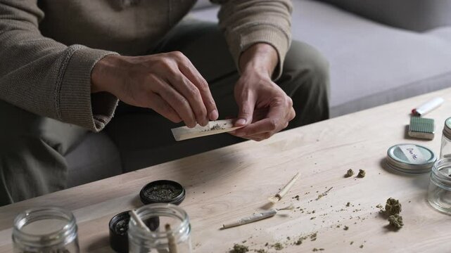 Asian man carefully rolling a cannabis joint in a cozy living room, surrounded by a relaxed ambiance with cannabis equipment and accessories on the table.