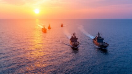 Obraz premium Sunset Naval Fleet Warships at Sea Ocean Sunset Military Ships