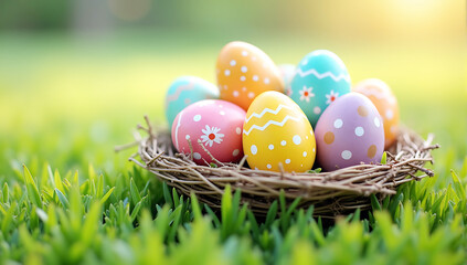Obraz premium A vibrant composition showcasing a nest of painted Easter eggs resting in soft green grass. The eggs are adorned with cheerful patterns