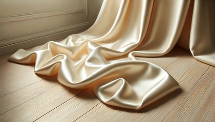 A minimal and warm cream satin fabric background elegantly placed on a wooden surface. The soft textures and neutral tones create a serene and cozy aesthetic, perfect for use as a mock-up .