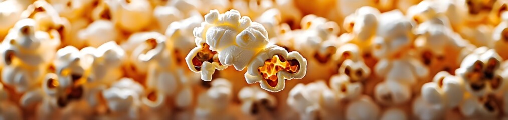 A close-up view of popped popcorn, highlighting its texture and fluffy appearance.