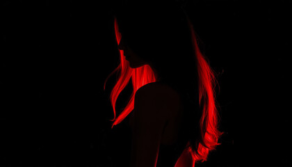 A striking silhouette of a woman standing gracefully against a vibrant red spotlight, evoking elegance and mystery.