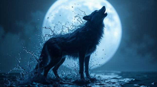 Lobo aullando bajo la luna llena con salpicaduras de agua