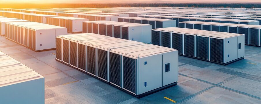 battery capacity concept. A large battery warehouse with rows of charging highcapacity modules, renewable energy focus