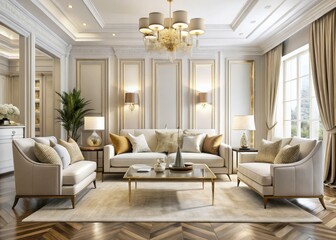 Fototapeta premium Contemporary Classic White Beige Interior Furniture: AI Generated Portrait Photography