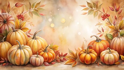 Autumnal Harvest A Watercolor Painting of Pumpkins and Fall Foliage