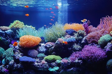Naklejka premium Clownfish swimming near colorful coral reef in aquarium