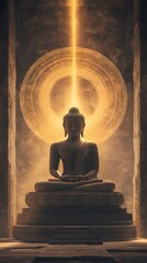 A golden Buddha statue is located in the center of an ancient Indian room, radiating light from behind it.